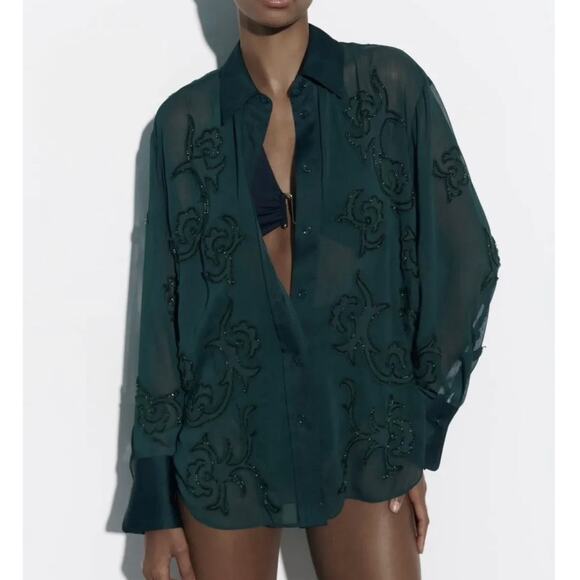 Zara Semi-Sheer Collared Button-Up Blouse Tonal Bead Applique Forest Green Small - Picture 3 of 14